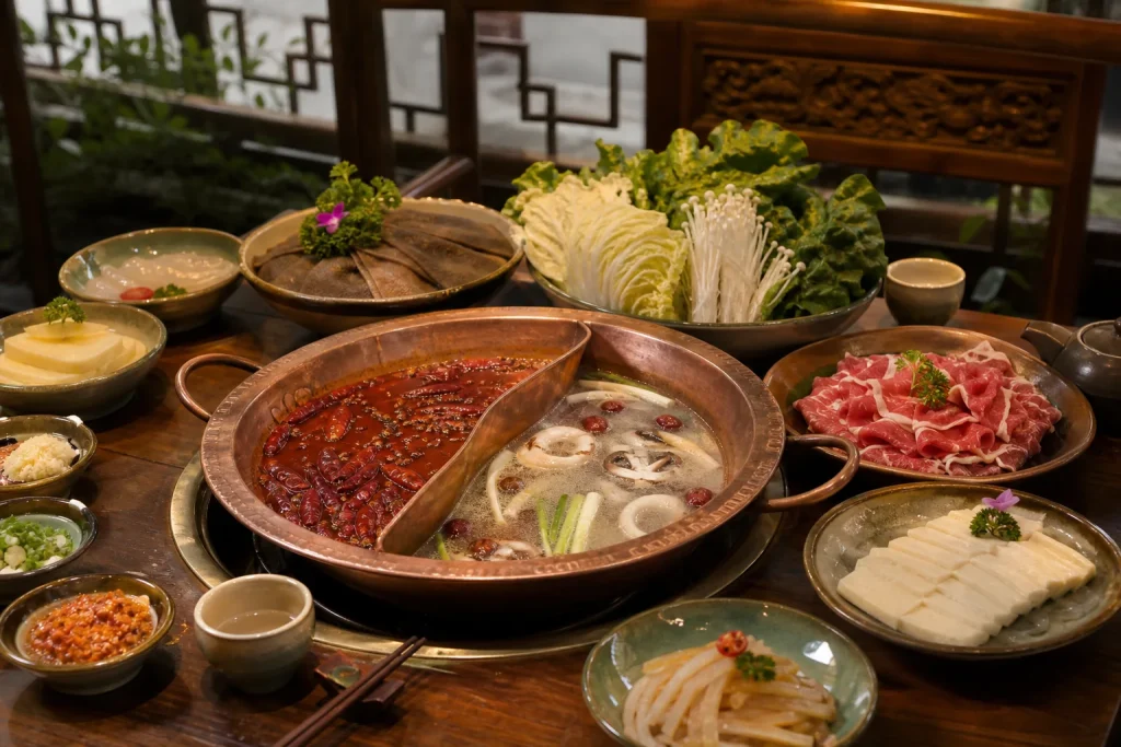 Sichuan hot pot with red and clear broths, vegetables, tofu and sliced meat in Chengdu