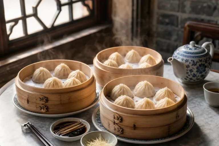 Steaming baskets of Shanghai xiaolongbao with black vinegar, ginger and tea