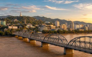 Bridge crossing the Yellow River in Lanzhou at sunset