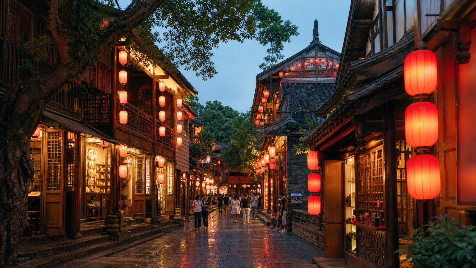 Jinli Ancient Street in Chengdu at dusk; Xian to Chengdu by High Speed Train, Day 6 of 10-Day Beijing Xi'an Chengdu Shanghai Small Group Tour
