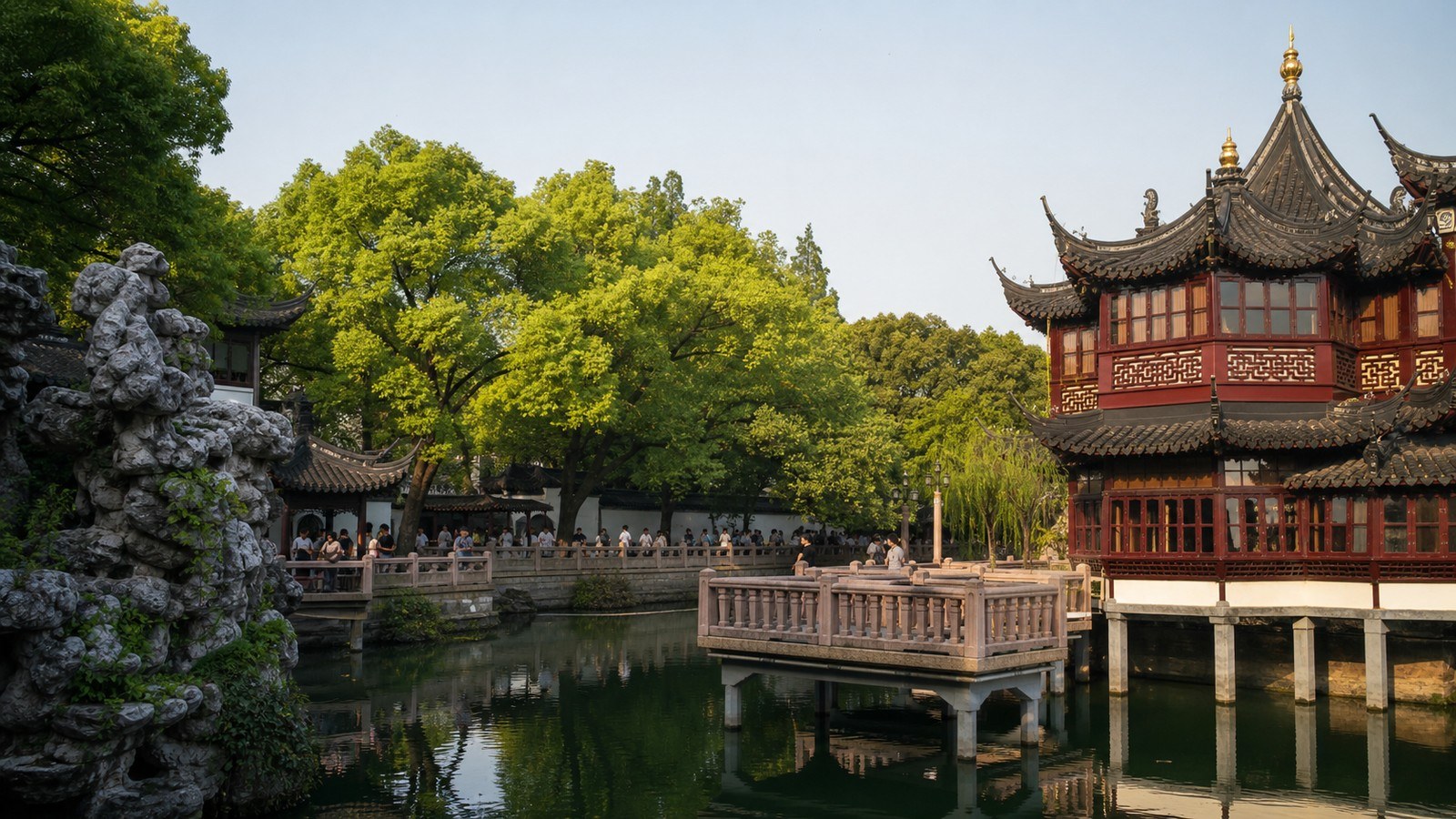 Yu Garden pavilion and pond in Shanghai; Shanghai City Tour, Day 9 of 10-Day Beijing Xi'an Chengdu Shanghai Small Group Tour