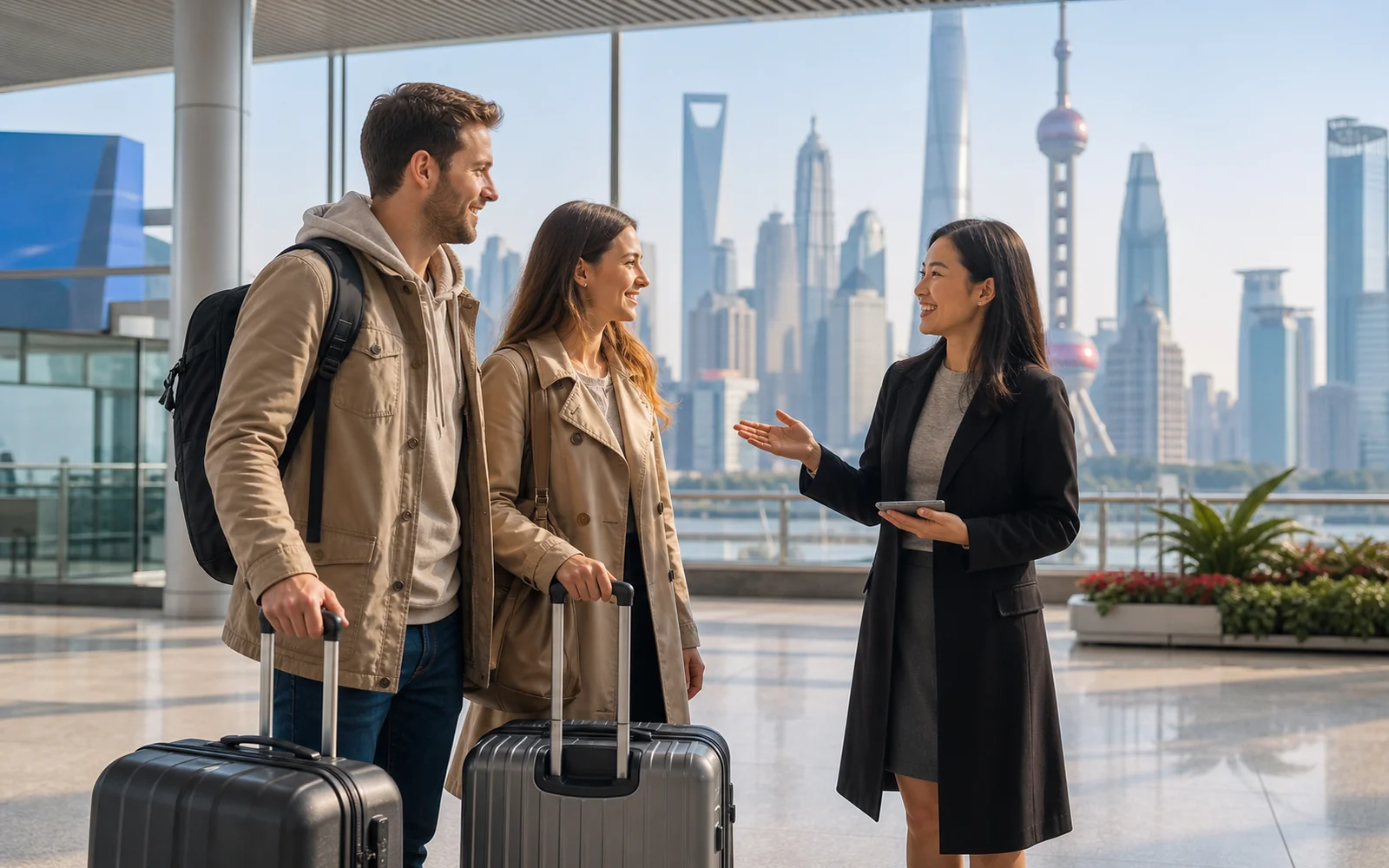 International travelers meeting a local guide on arrival in a major China gateway city