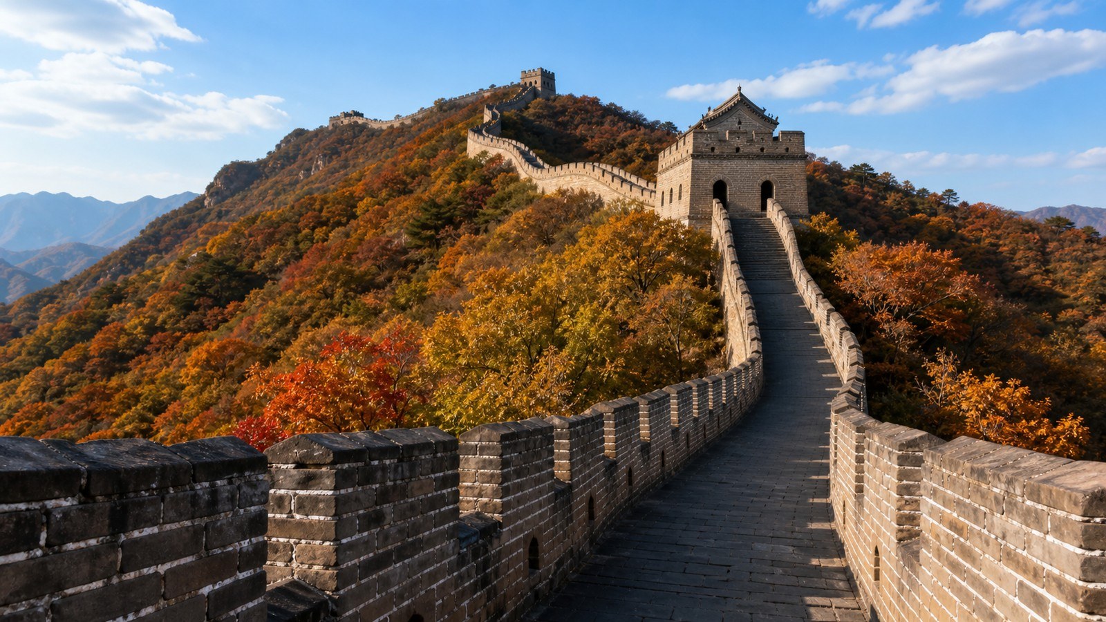Walking on Mutianyu Great Wall in autumn; Beijing Great Wall Tour, Day 12 of 13-Day China Group Tour from Chengdu with Classic China Exploration