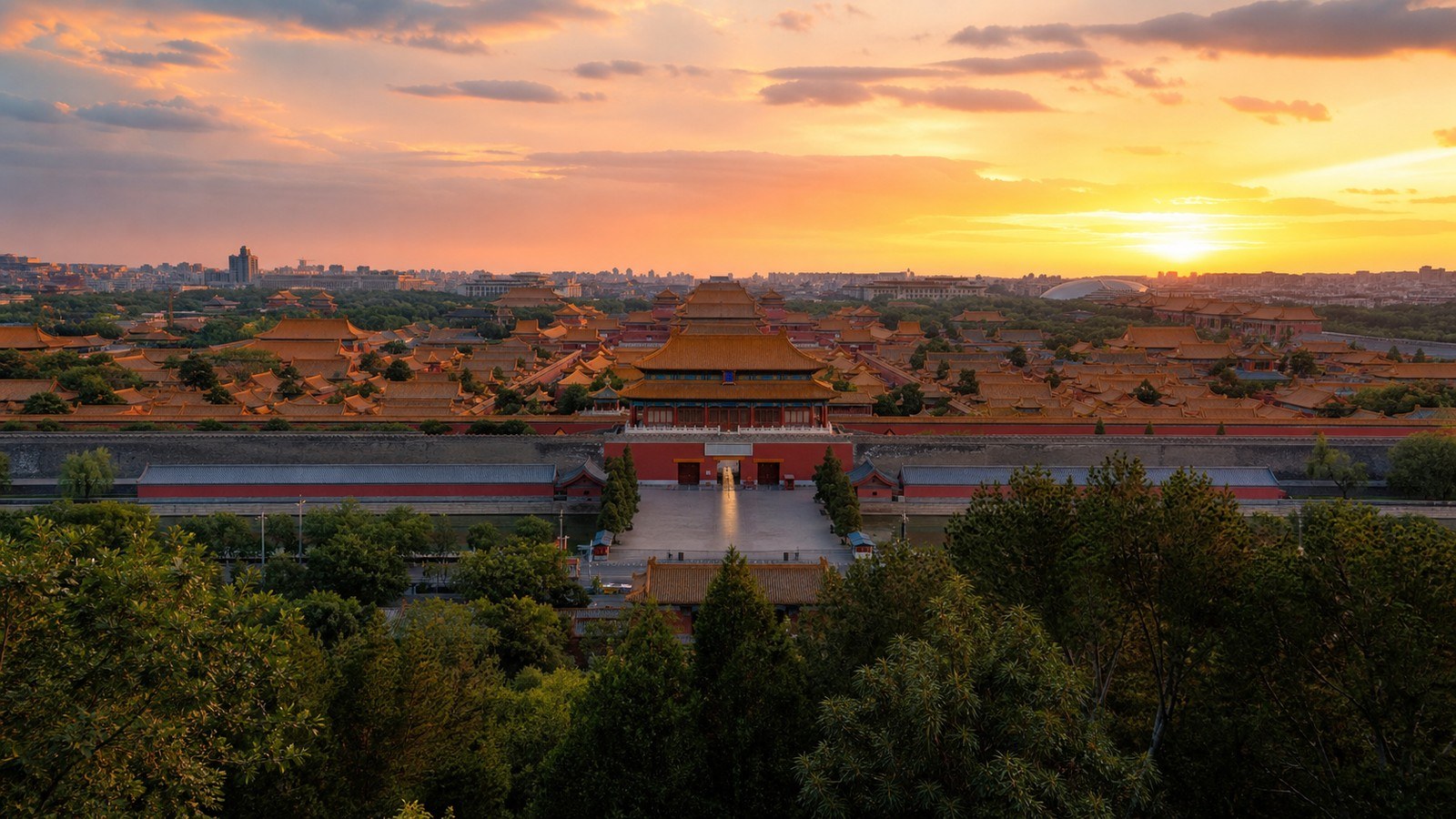 Forbidden City and Beijing skyline at sunset; Arrival in Beijing, Day 1 of 15-Day Classic China, Panda & Holy Tibet Small Group Tour