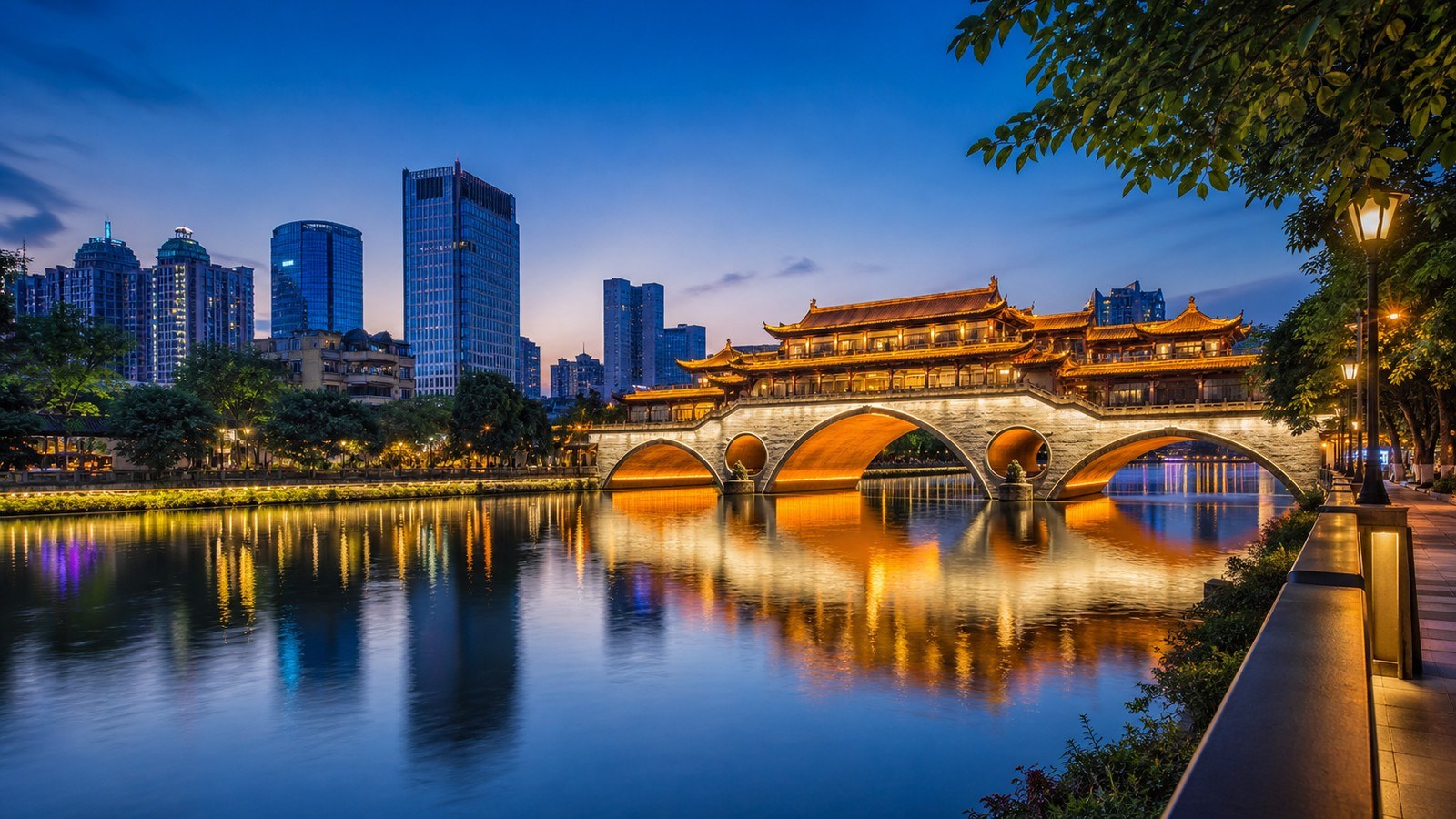 Anshun Bridge and Chengdu skyline at blue hour; Xian to Chengdu by High Speed Train, Day 6 of 15-Day Classic China, Panda & Holy Tibet Small Group Tour