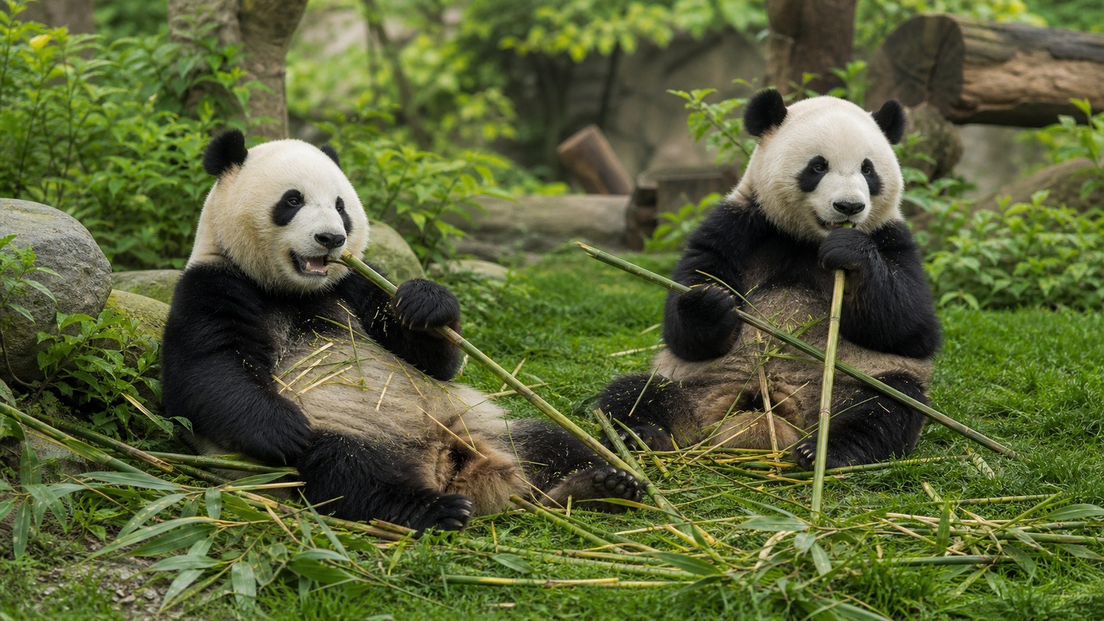 Giant pandas eating bamboo at Chengdu Panda Base; Chengdu Classic Tour, Day 7 of 15-Day Classic China, Panda & Holy Tibet Small Group Tour