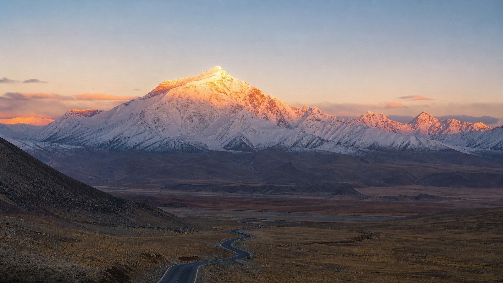 Mount Everest sunrise and the road toward Shigatse; Mt. Everest - Shigatse, Day 12 of 15-Day Classic China, Panda & Holy Tibet Small Group Tour