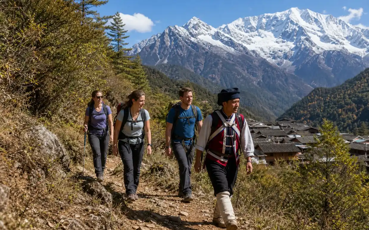 Hikers approaching Haba village on a mountain trail from Lijiang