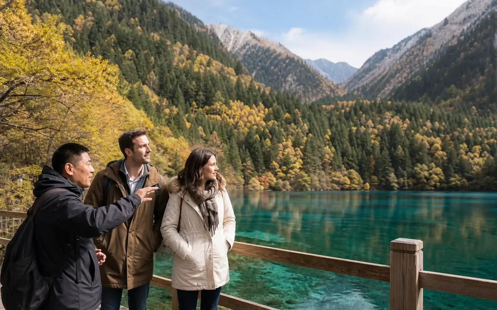 Hikers beside an alpine lake on a Western Sichuan light trekking tour