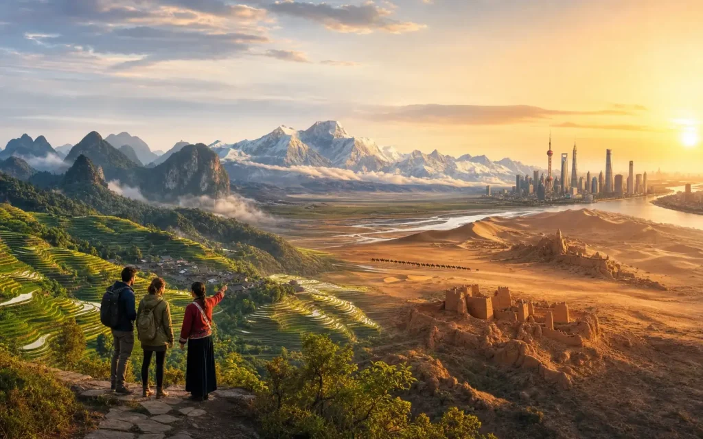 Travelers overlooking China's rice terraces, plateau, Silk Road desert and eastern city regions