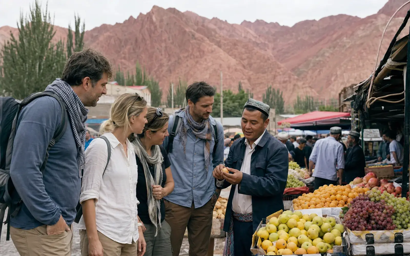 Travelers and a Uyghur guide at an Aksu oasis market with red mountains in the distance
