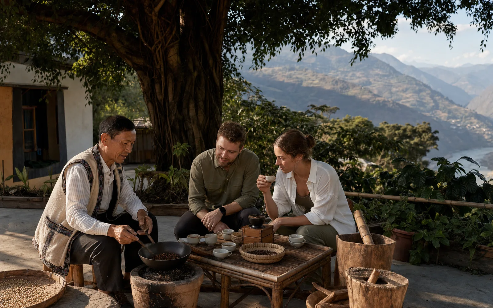 Dai host hand roasting and tasting coffee with international travelers beneath a banyan tree