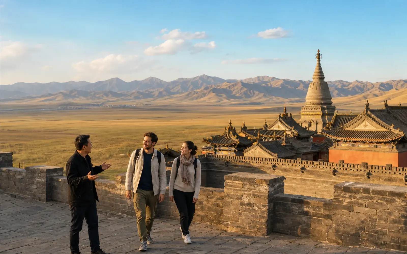 Travelers and a local guide exploring Baotou, China, with Wudangzhao Monastery, grassland and Inner Mongolia scenery