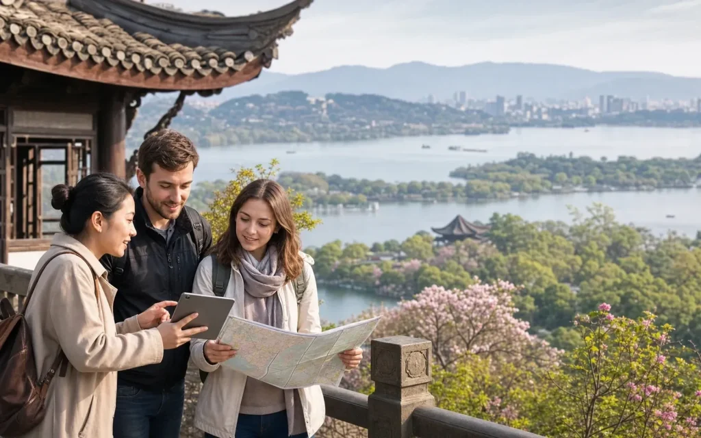 Best Time to Visit China featuring travelers planning seasonal China travel at West Lake with a local guide