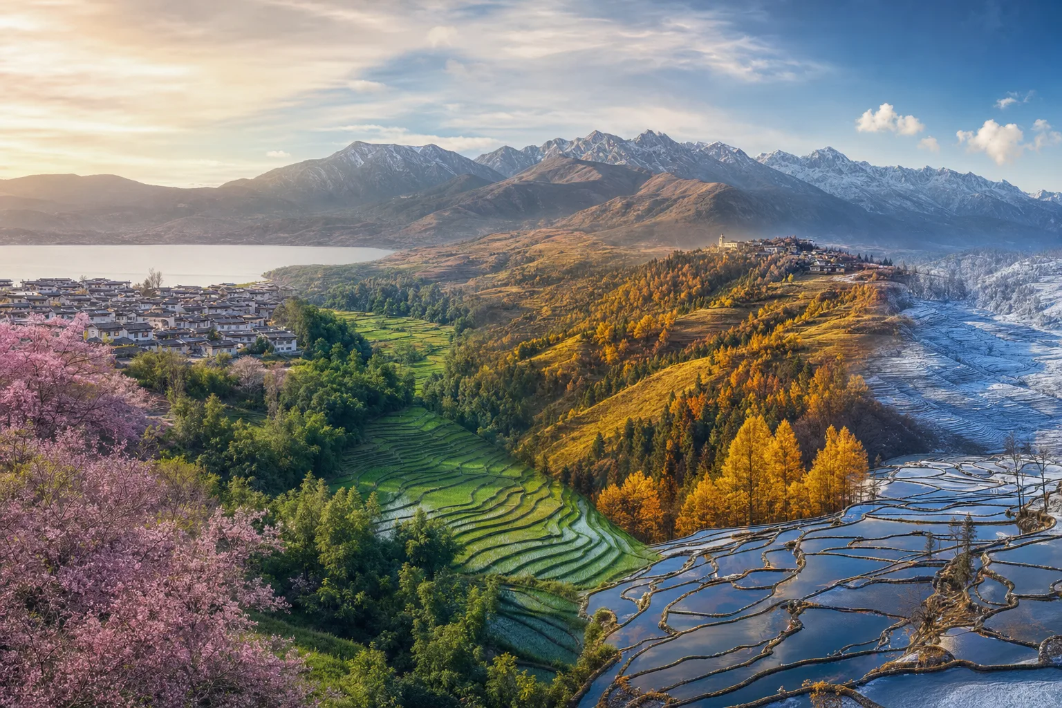 Yunnan landscapes across spring blossoms, green summer terraces, autumn highlands and winter rice terraces