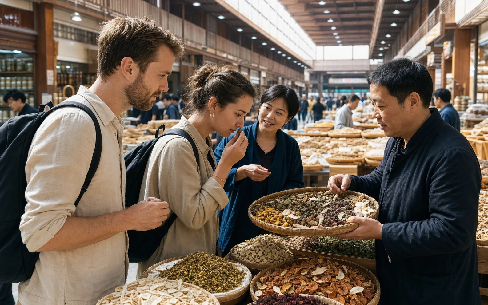Travelers exploring the herbal medicine market in Bozhou