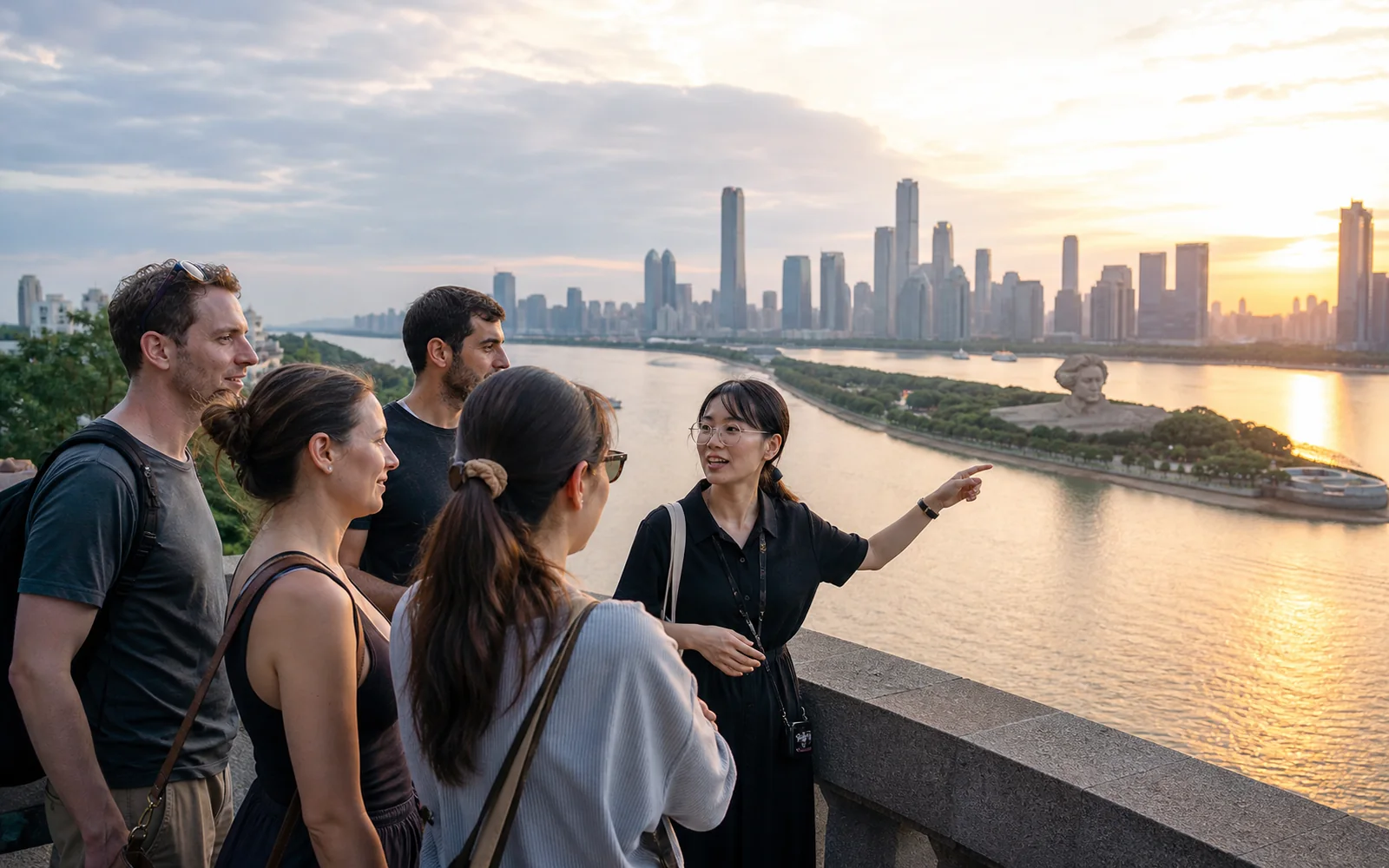 Travelers with a local guide overlooking Changsha and Orange Isle beside the Xiang River