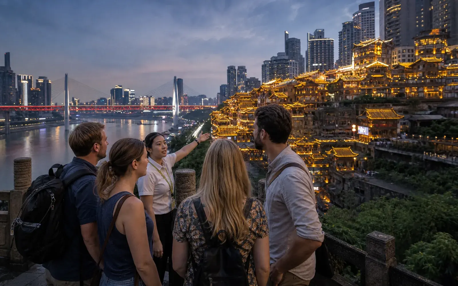 Travelers with a local guide overlooking Chongqing's illuminated river skyline
