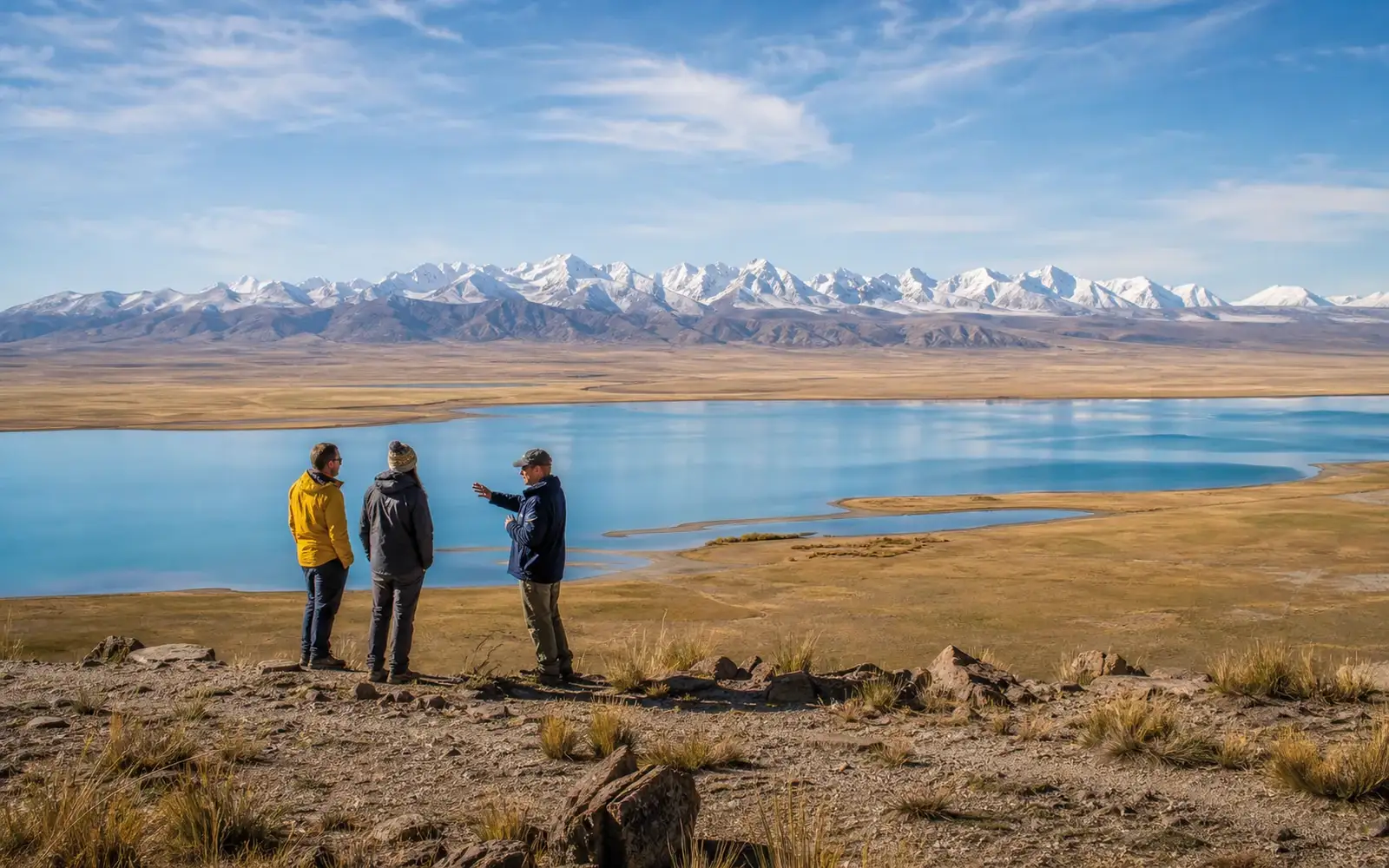 Travelers and a local guide exploring Delingha, China, with Keluke Lake, Qaidam Basin and Qinghai highland scenery