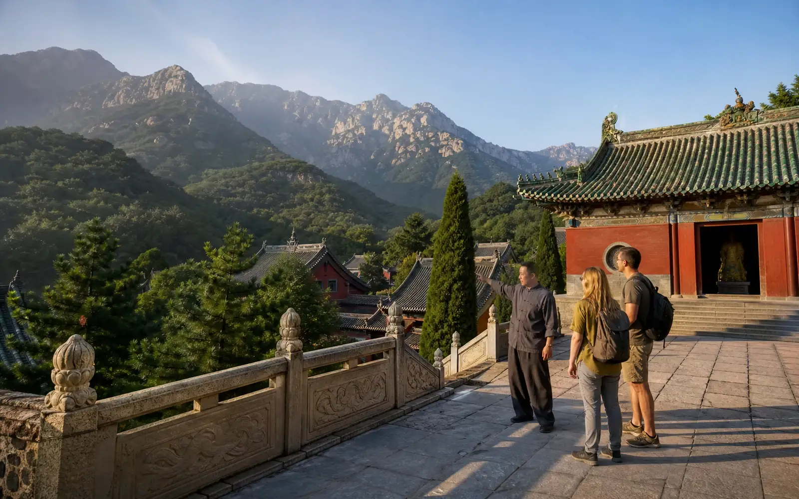 Travelers and a local guide exploring Dengfeng, China, with Shaolin Temple, Songshan Mountain and historic courtyards