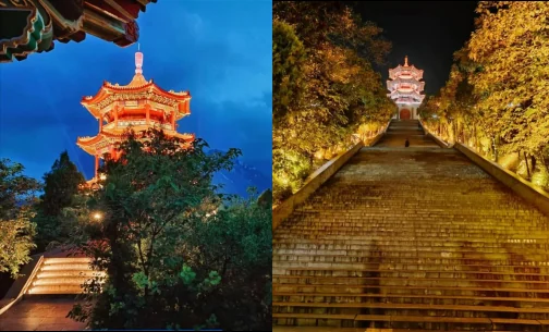 Illuminated Yingxian Pavilion and stone steps in Dengfeng, Henan