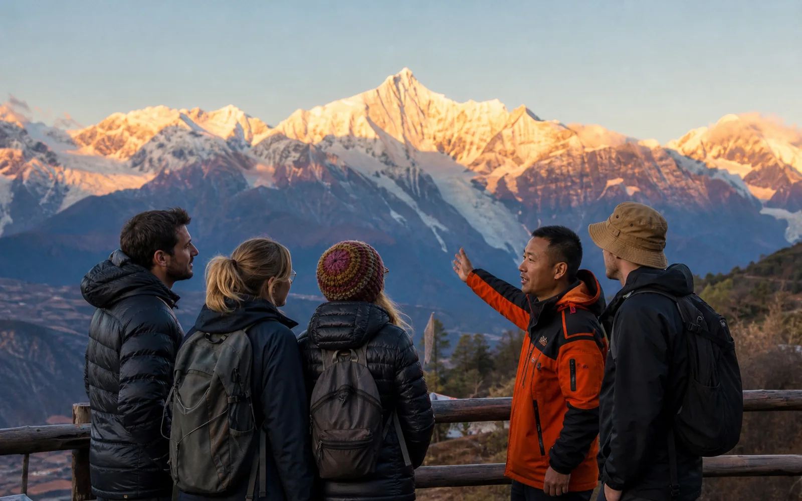 Meili Snow Mountain at sunrise from Feilaisi before the Yubeng trek