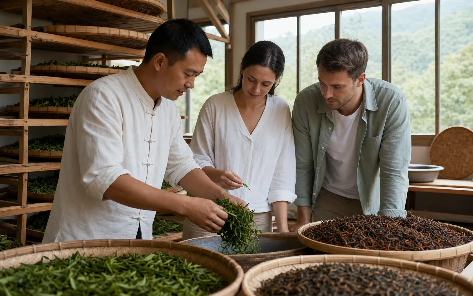 Tea specialist explaining withering rolling oxidation and drying in a Fengqing workshop Tea specialist explaining withering rolling oxidation and drying in a Fengqing workshop