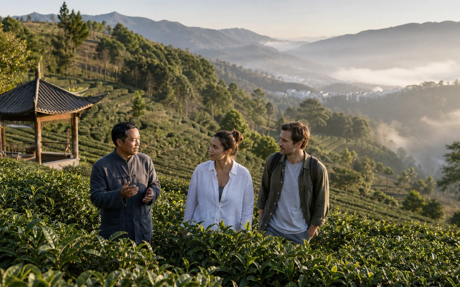 International travelers walking with a tea guide through highland gardens in Fengqing
