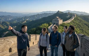 First-time international visitors exploring the Great Wall of China with a local guide