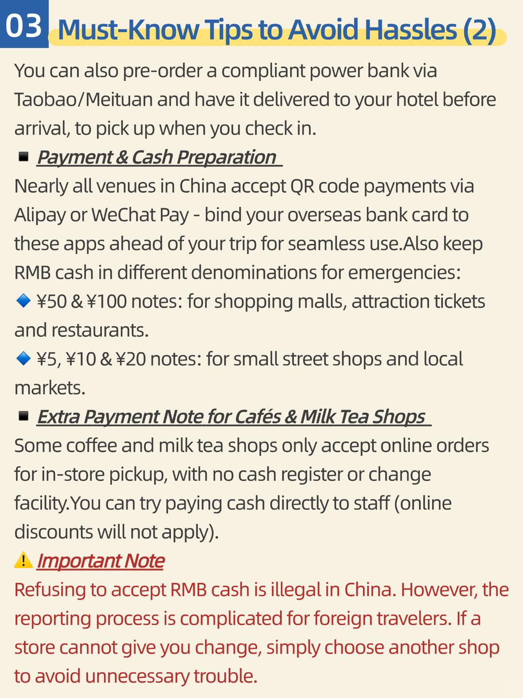 China cash and payment preparation tips