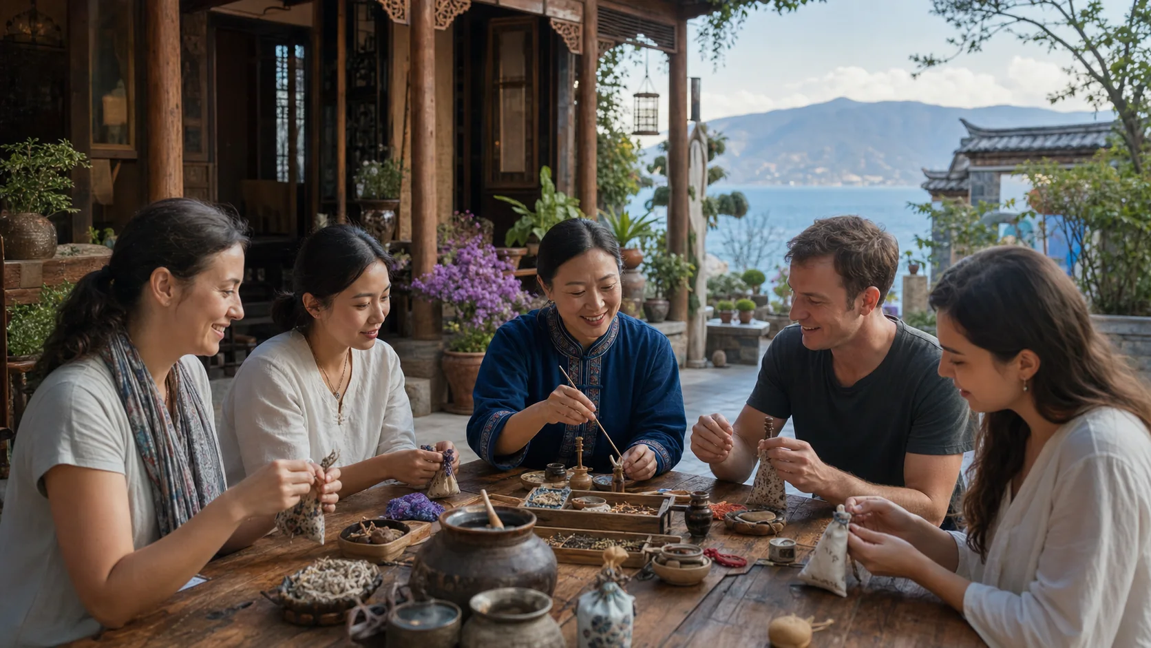 Incense appreciation and herbal craft in a Yunnan courtyard