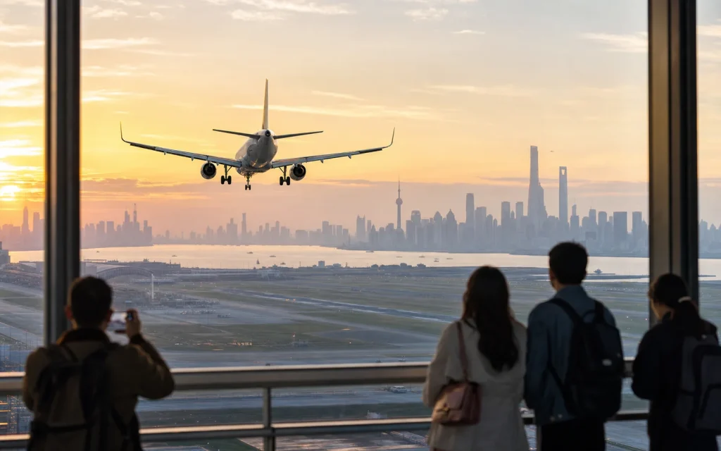 International flight arriving at a major Chinese gateway city at sunrise