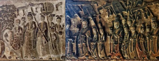 Detailed Buddhist stone reliefs inside Gongyi Grotto Temple in Henan