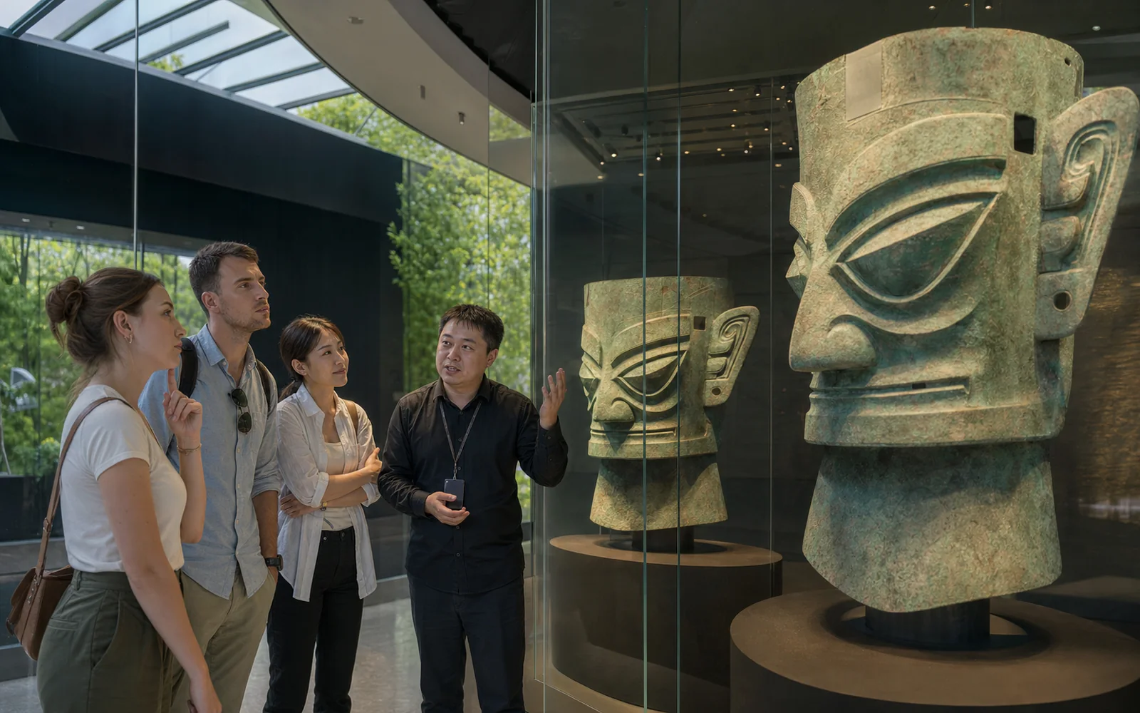Travelers and an expert guide viewing Sanxingdui bronze masks in Guanghan