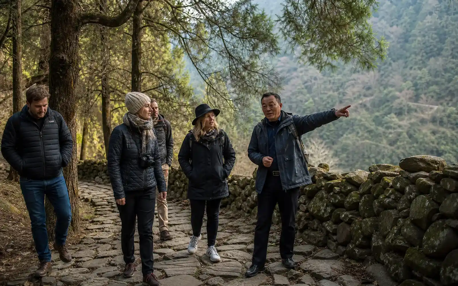 Travelers with a local guide on the ancient Shu Road near Guangyuan