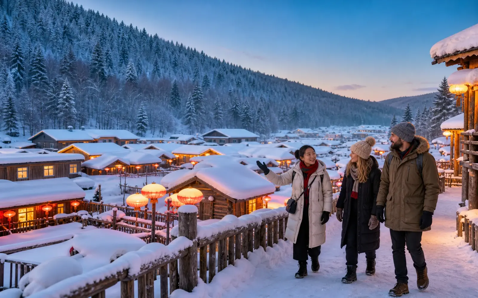 Travelers and a local guide exploring Hailin, China, with China Snow Town, winter forests and snow-covered wooden houses