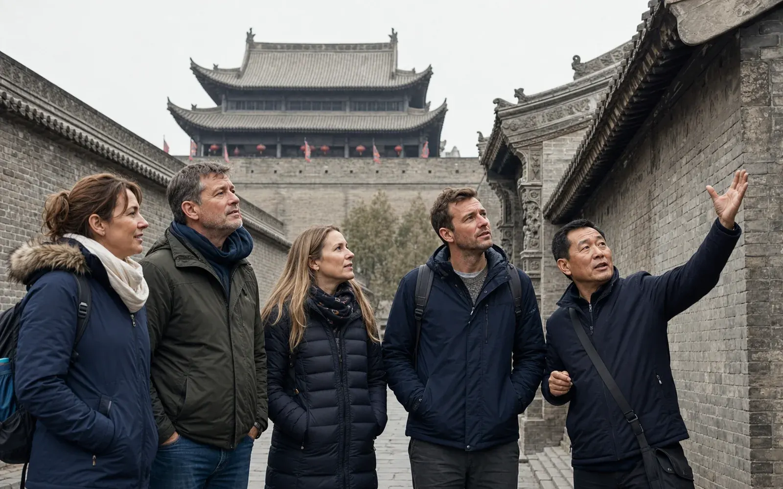 Travelers with a Shaanxi guide walking through Hancheng ancient city courtyards