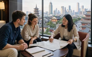 Travelers planning how many days to spend in China with a local trip expert and route map