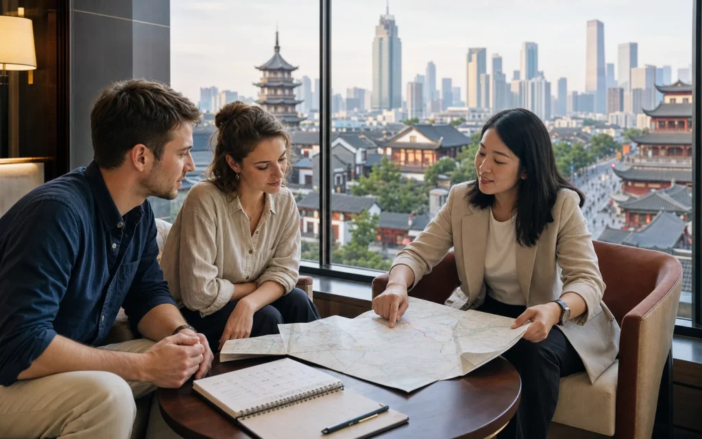 Travelers planning how many days to spend in China with a local trip expert and route map