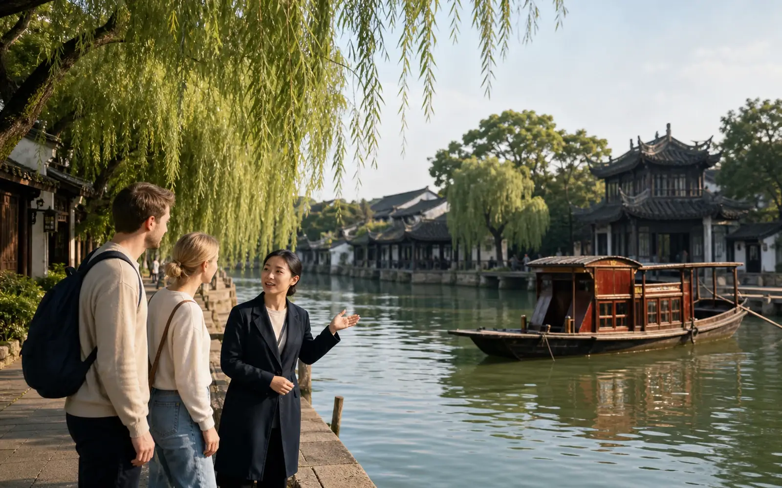 Travelers and a local guide exploring Jiaxing, China, with South Lake, historic pavilions and canal-city scenery