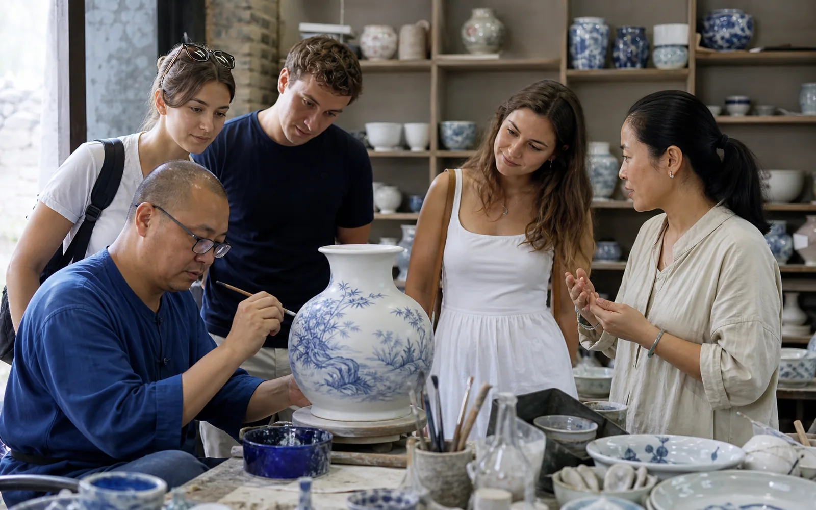 Travelers with a Jingdezhen ceramic artist painting blue-and-white porcelain in a bright studio