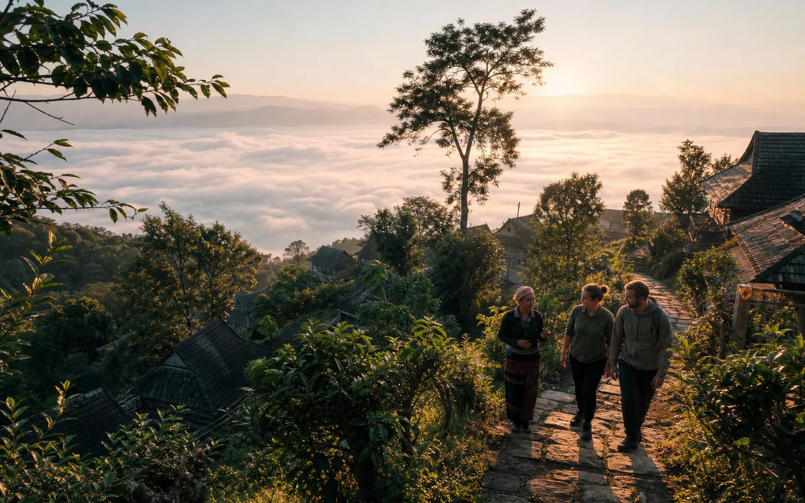 Travelers and a local guide walking through a Jingmai Mountain tea village above a sea of clouds