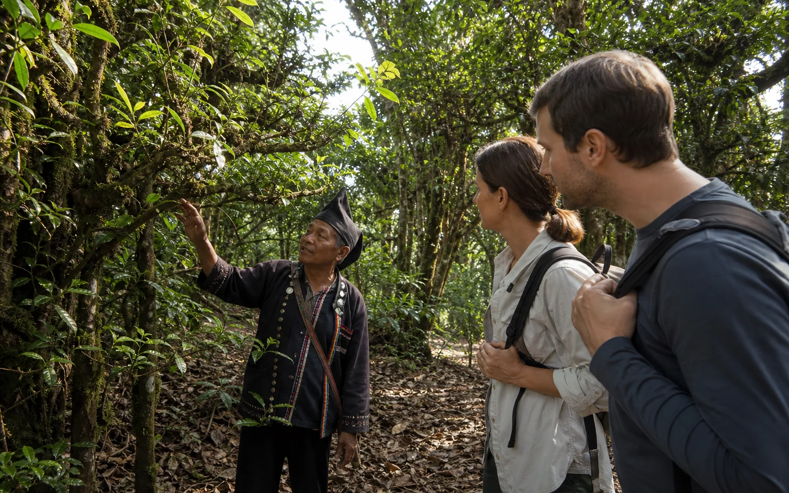 Blang tea farmer explaining an old tea tree to international visitors in Jingmai forest Blang tea farmer explaining an old tea tree to international visitors in Jingmai forest