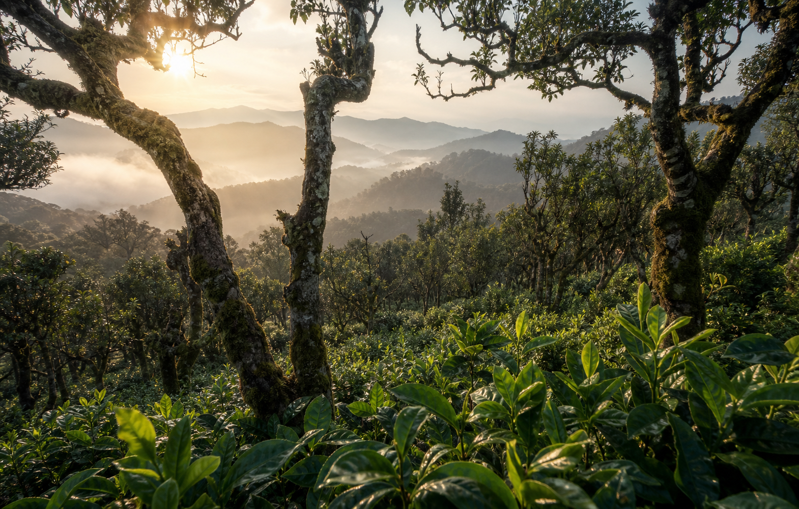 Ancient tea trees and misty mountain forest at Jingmai Mountain, Yunnan