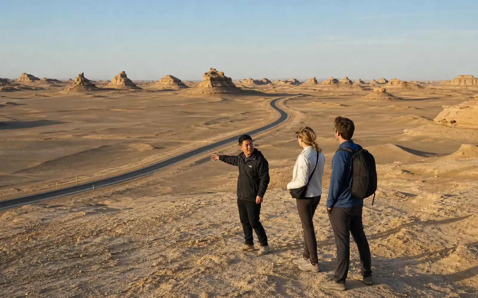 Travelers and a local guide exploring Karamay, China, with Urho Ghost City yardang formations and desert landscapes