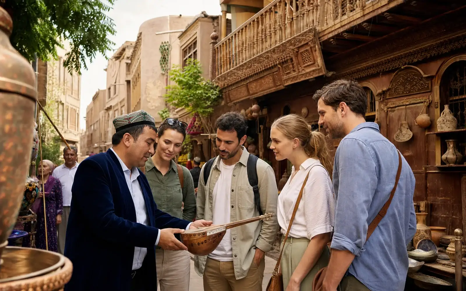 International travelers with a Uyghur guide in Kashgar Ancient City market lanes