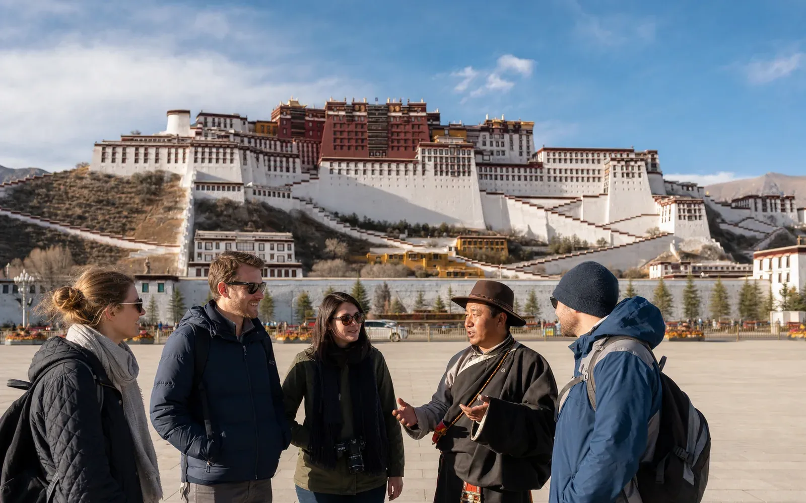International travelers with a Tibetan guide facing the Potala Palace in Lhasa