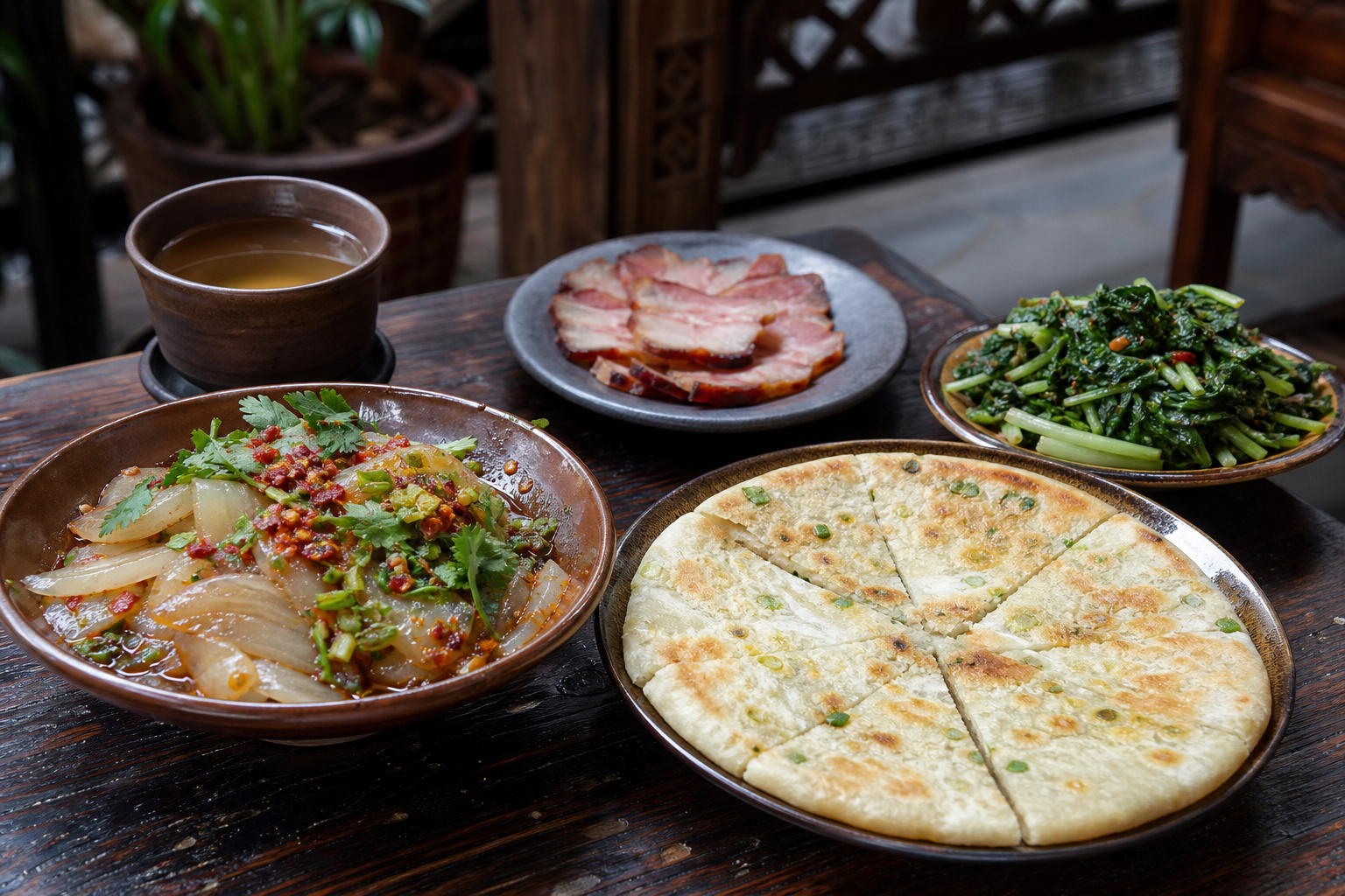 Lijiang Naxi chicken-bean jelly, baba flatbread and cured pork