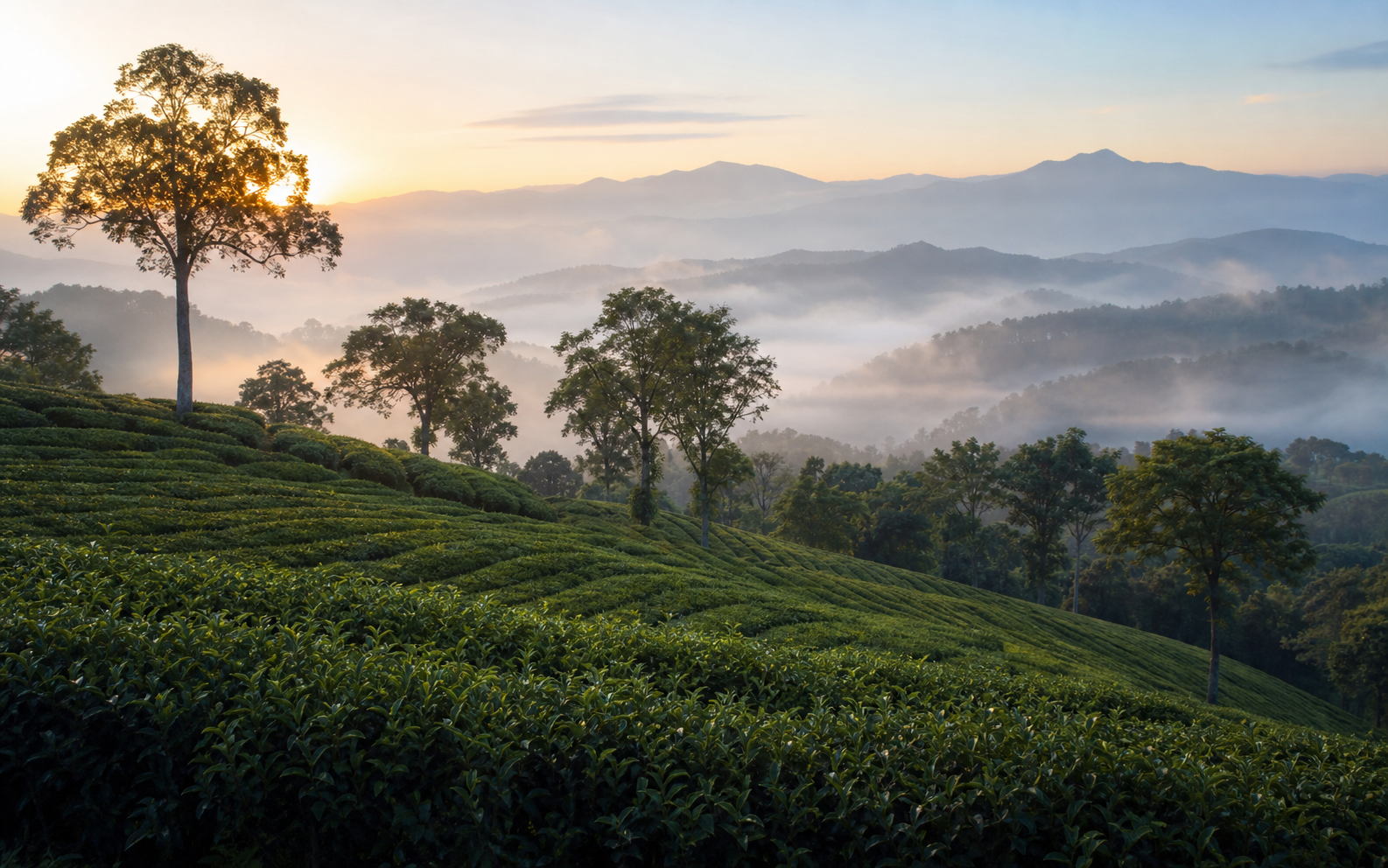 Misty tea gardens in the highlands of Lincang, Yunnan