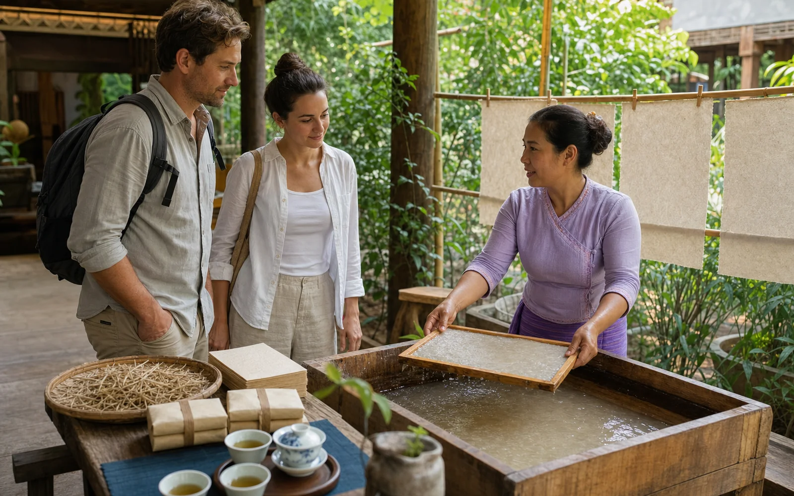 Dai craftswoman demonstrating traditional handmade paper to international travelers